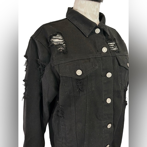 Iris Jeans Black Distressed Denim Jacket Grunge Large - Picture 3 of 15